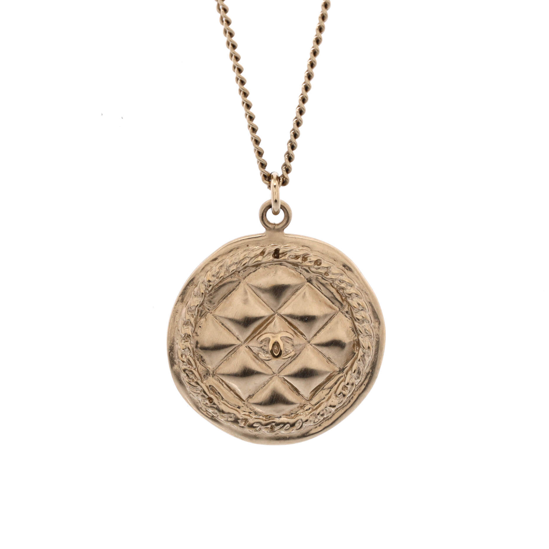 Chanel Cc Medallion Quilted Pendant Necklace Metal